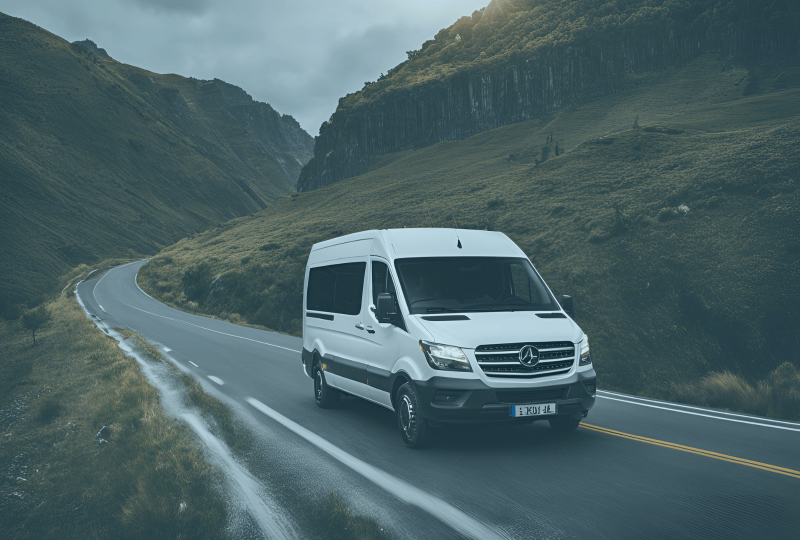 Véhicule utilitaire assuré sur route de montagne
