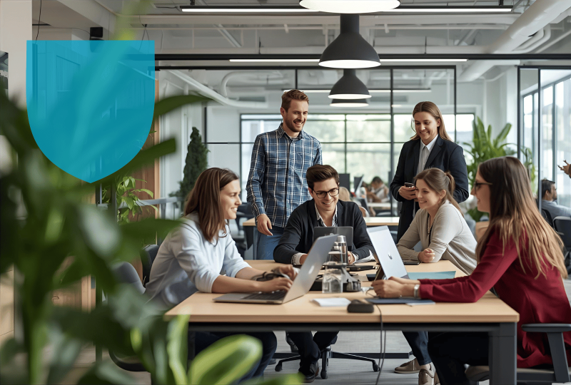 Salariés dans un open space heureux de leur prévoyance